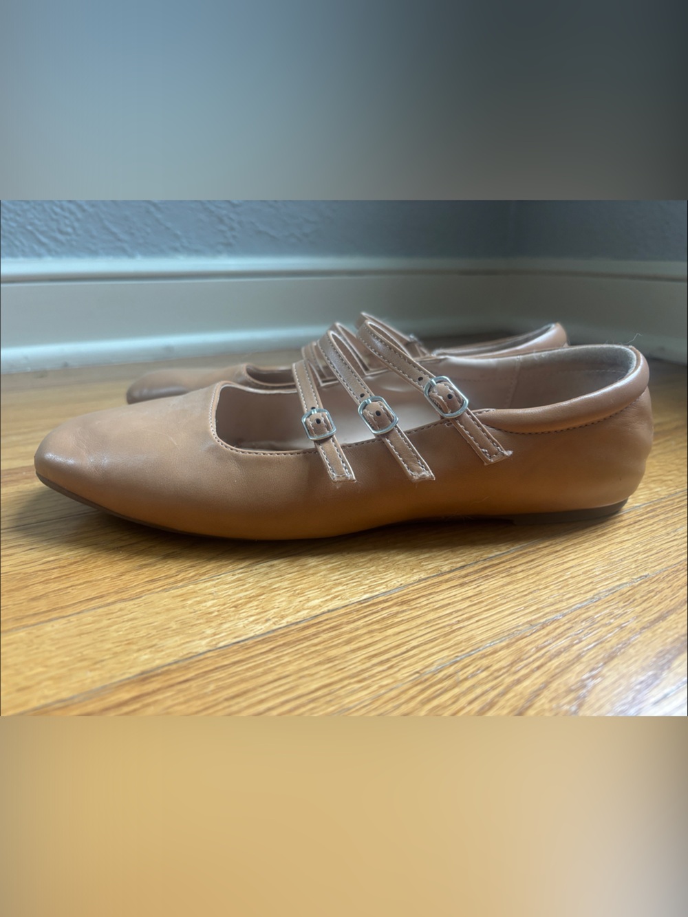 Women's Triple-Strap Tan Flats 9.5